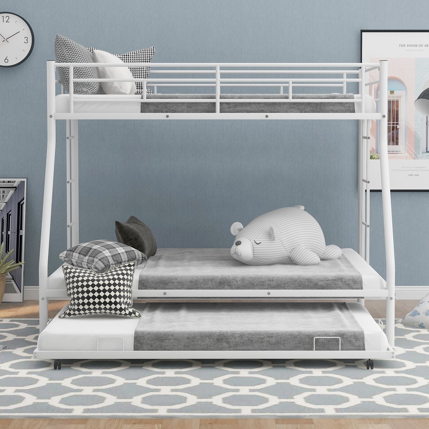 Twin over Full Bed with Sturdy Steel Frame Bunk Bed with Twin Size Trundle Two-Side Ladders White