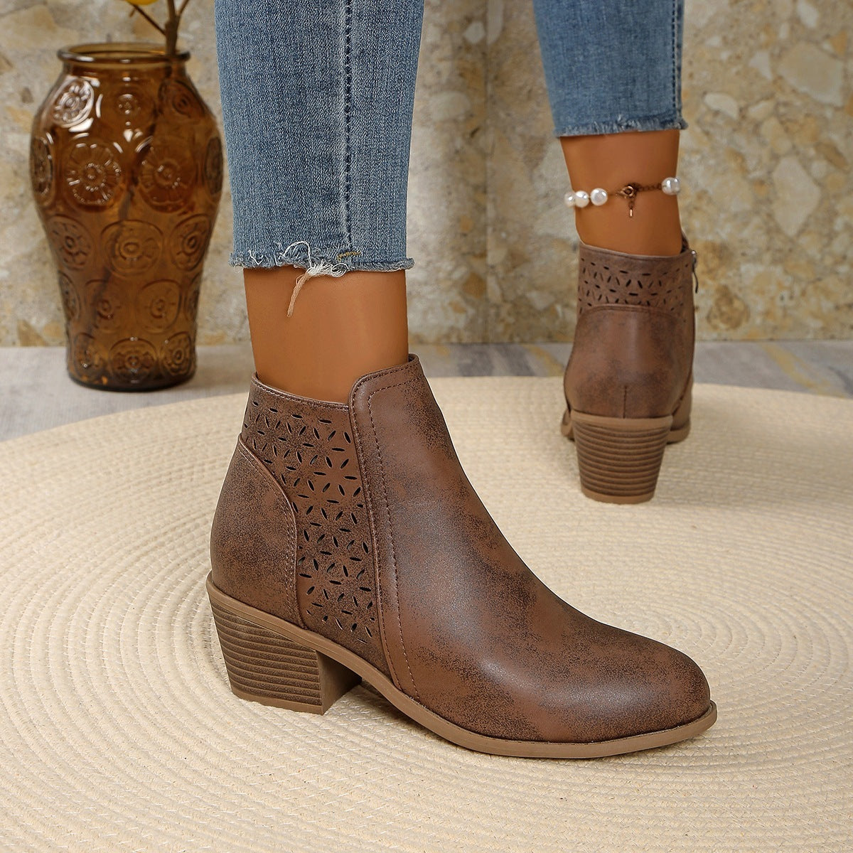Hollow-out Pointed Toe Low-cut Square Heel Women's Boots