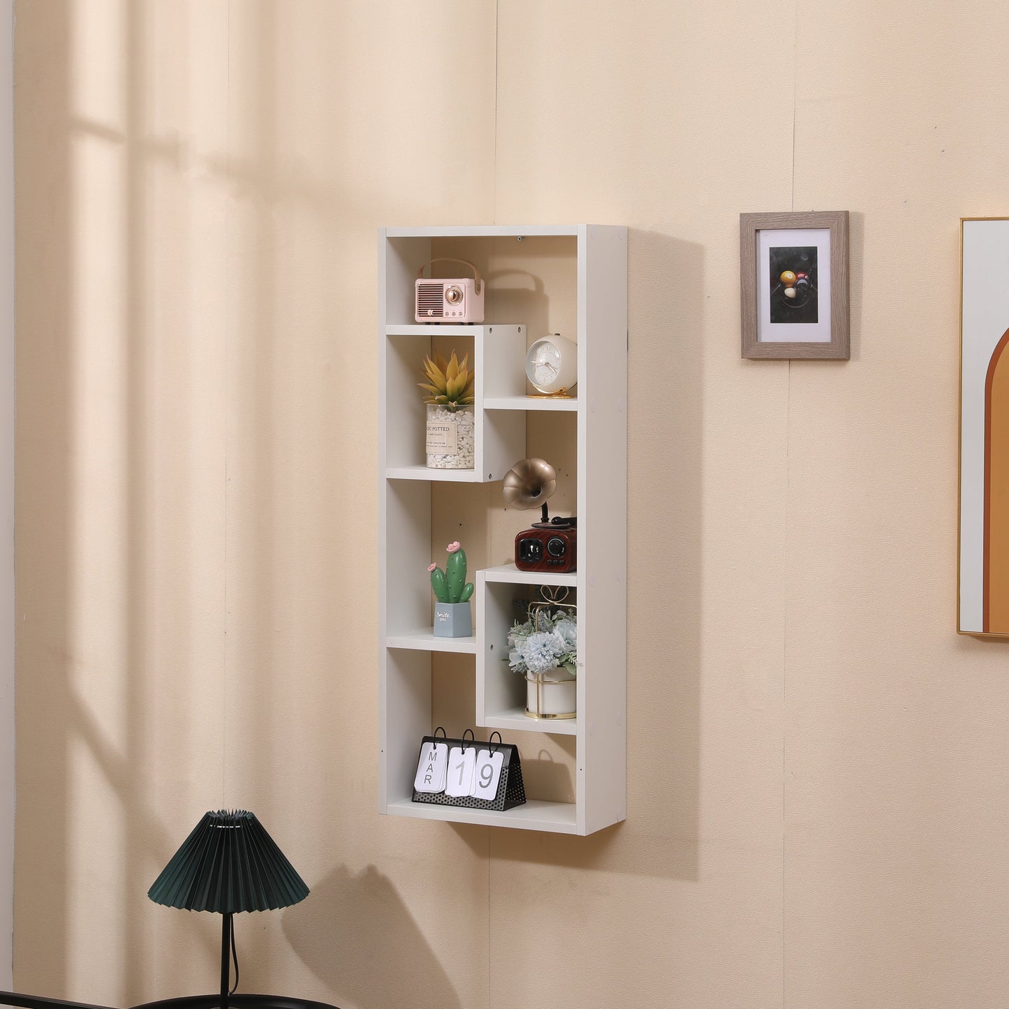 Bookshelf, Freestanding Wood Open Bookcase with 5 Cubes, with 2 keyhole hangers, Home Office Décor Rectangular Storage