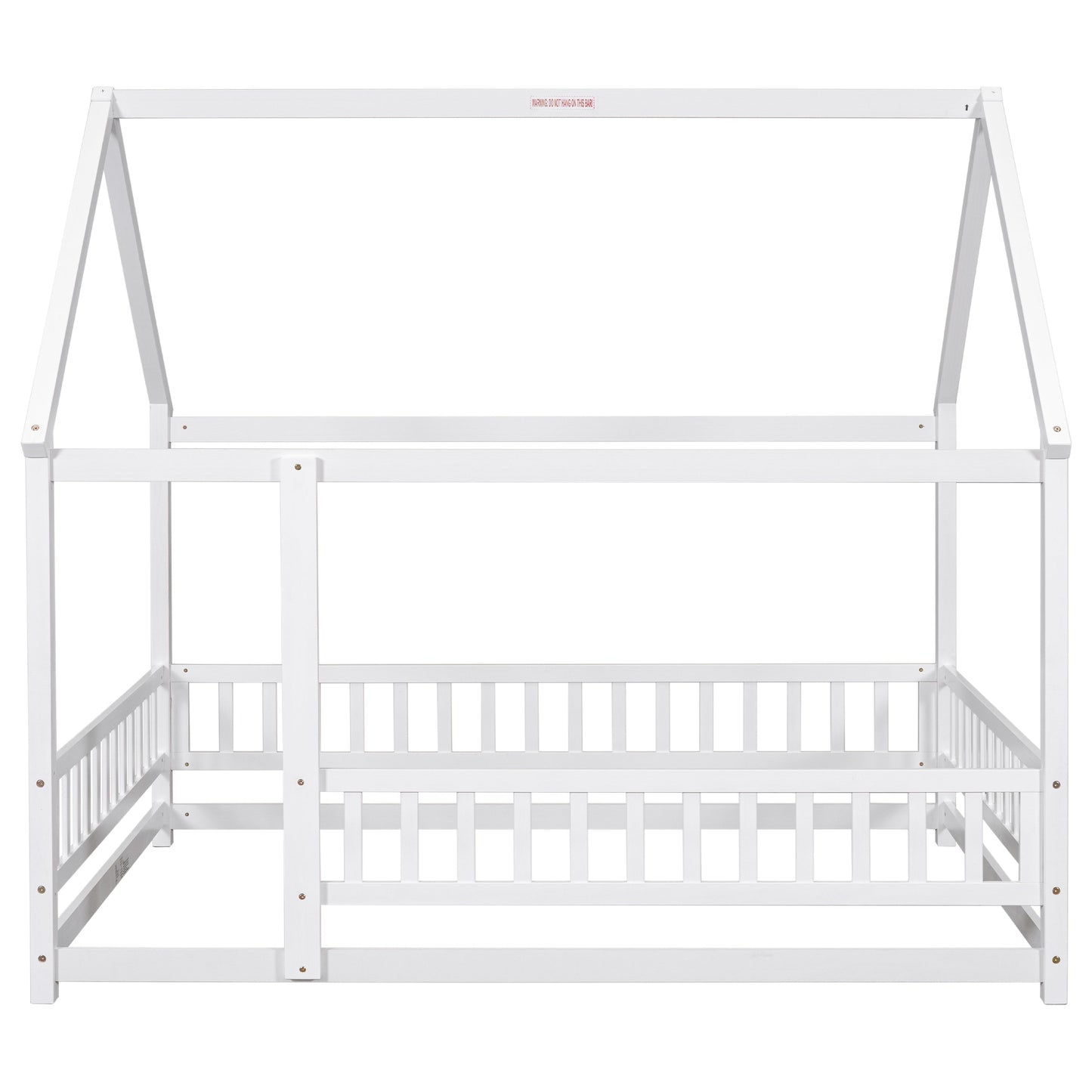 Full Size Floor Wooden Bed with House Roof Frame, Fence Guardrails ,White