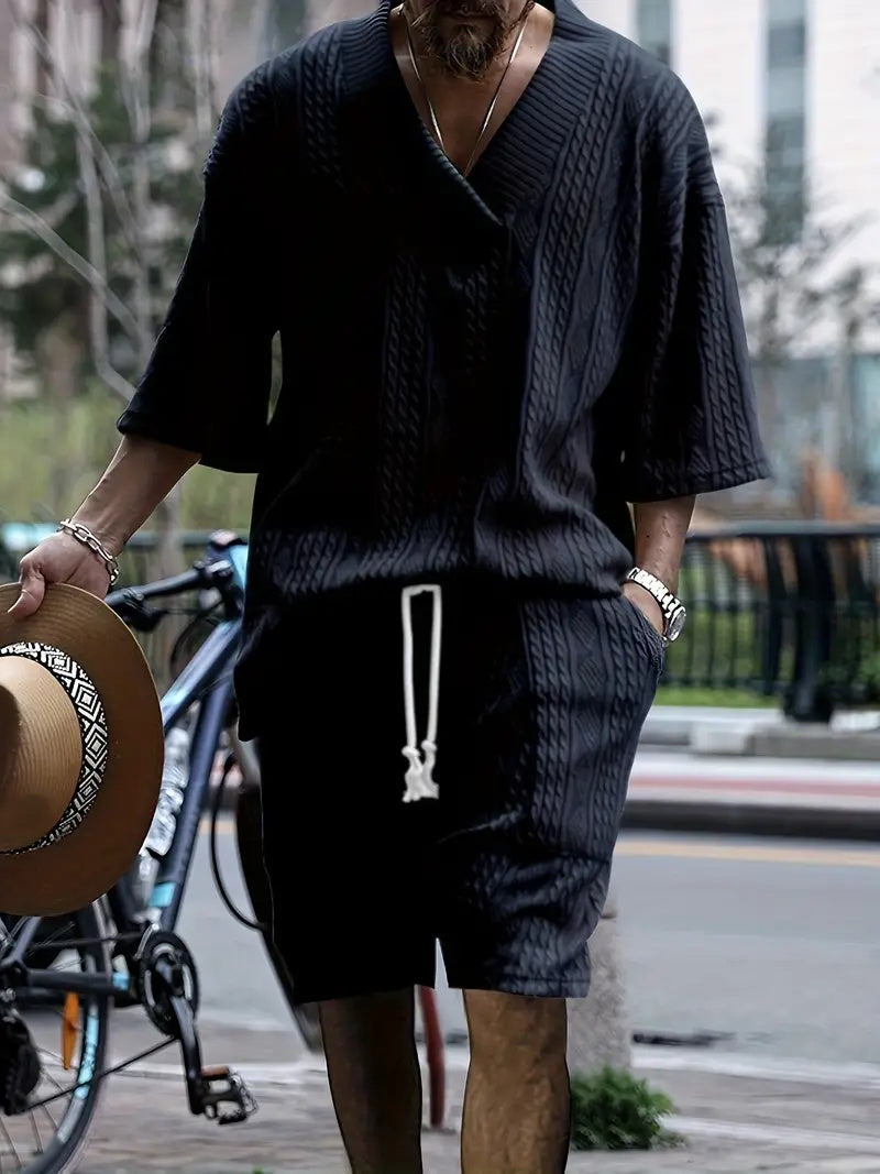 Men's Jacquard V Neck Shirt & Shorts Set