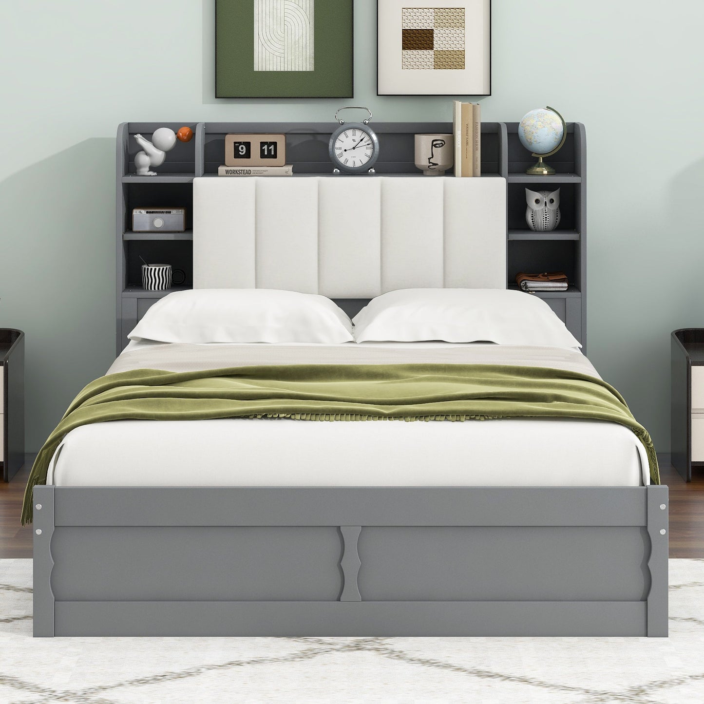 Wood Queen Size Platform Bed with Storage Headboard Shelves and 2 Drawers Gray