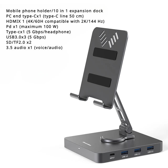 4K/60Hz Gigabit Ethernet Port USB 3.0 Splitter Hub Converter Flat Panel Rotary Stand Type-c Docking Station