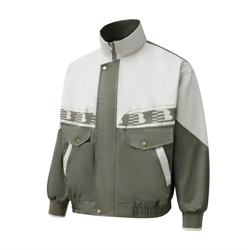 European And American Color Contrast Patchwork Workwear Stand-up Collar Jacket