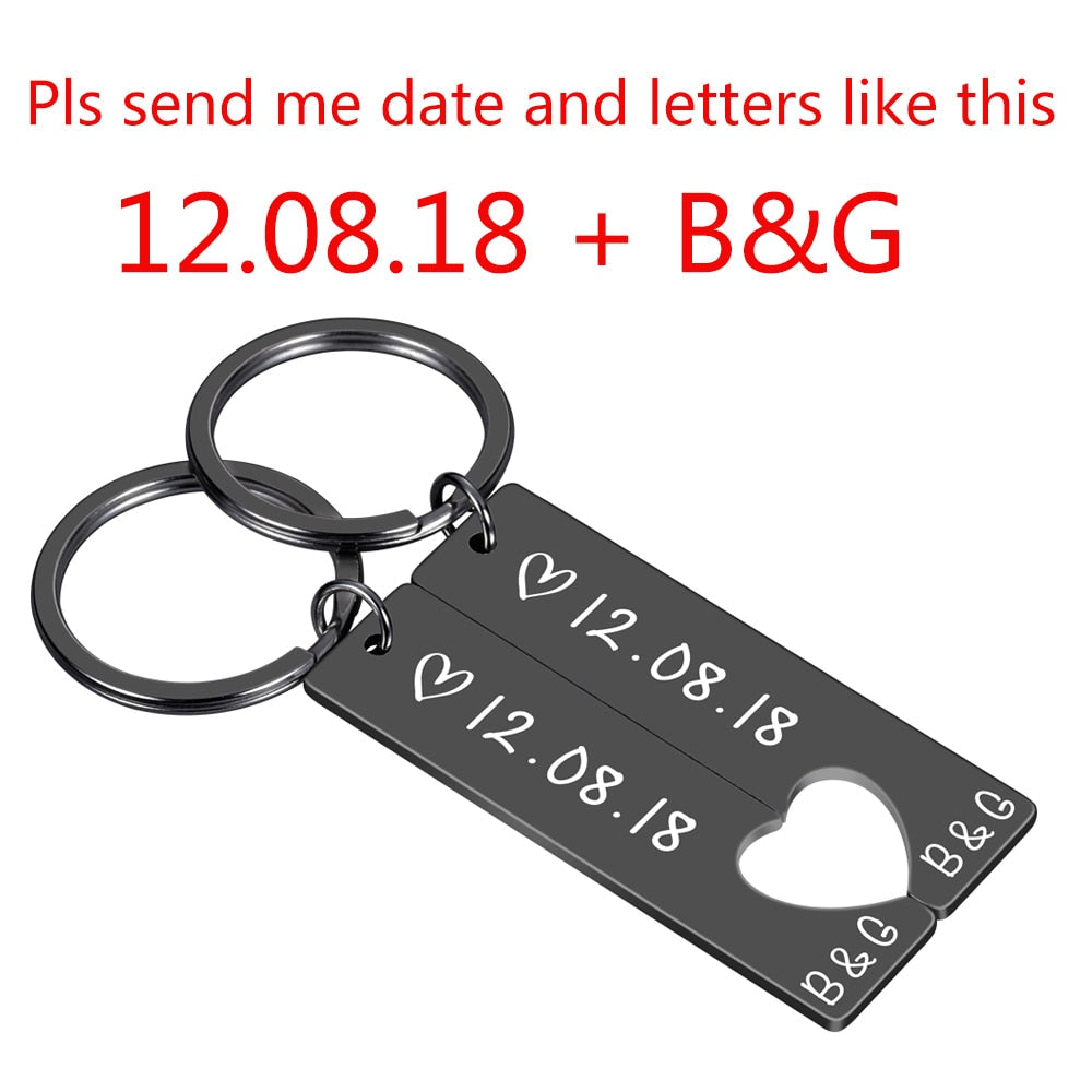 Personalized Heart Keychain Set Engraved King Date and Name Love Keyring Gift for Couples Girlfriend Boyfriends Key Chain Rings