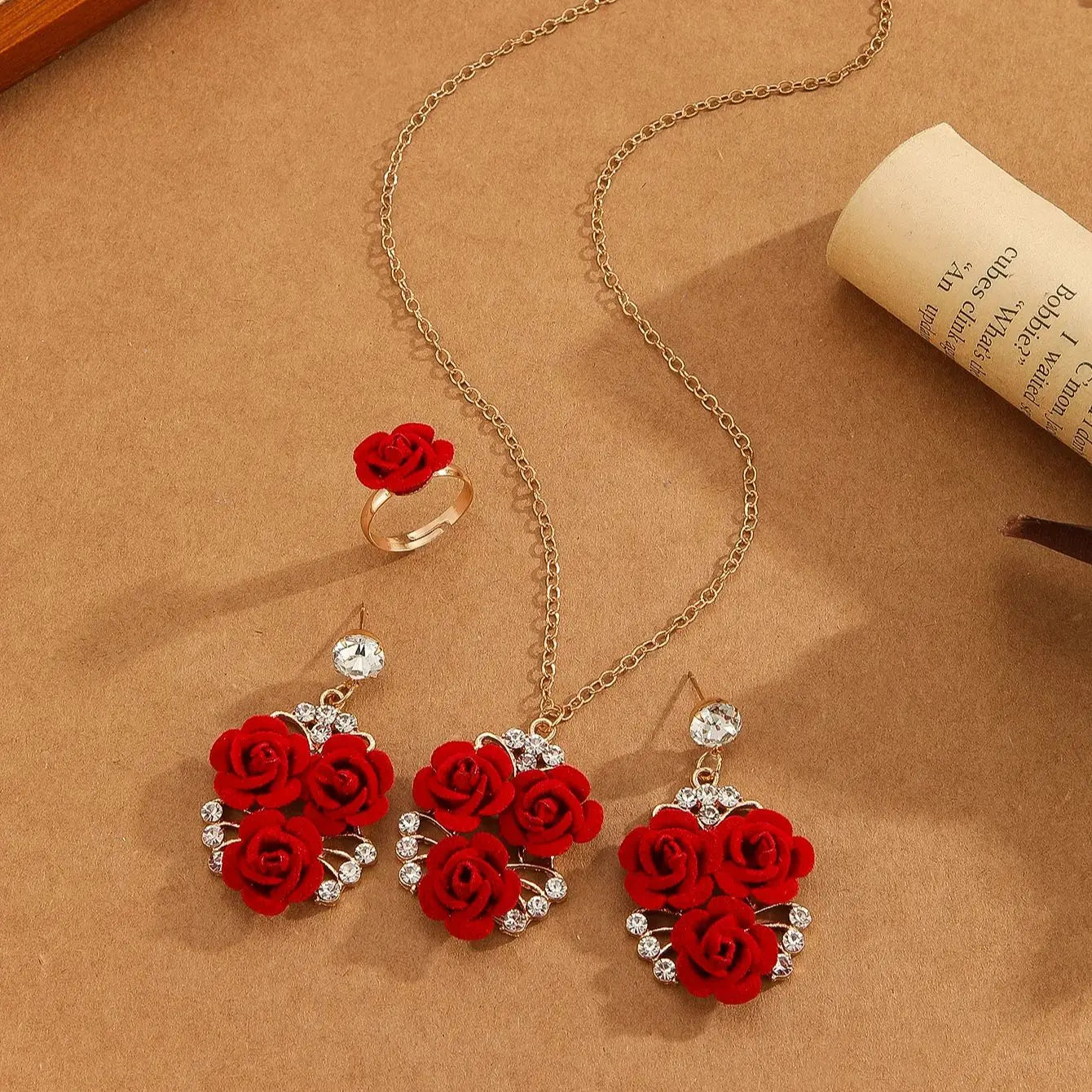 4pcs/Set Romantic Lovely Red Rose Flower Inlaid Rhinestone Pendant Necklaces+Dangle Earrings+Ring,For Women Valentine'S Day Gift
