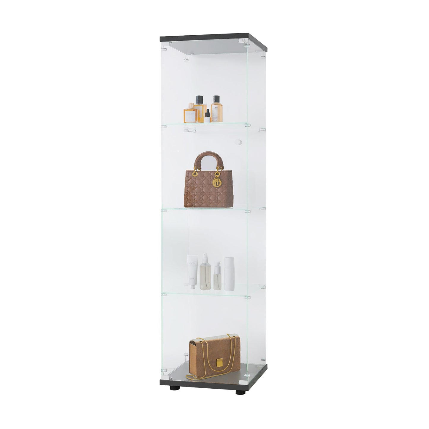 4 glass display cabinets with door shelves, floor standing antique bookshelf, 64.7 "* 16.7" * 14.3 ", black