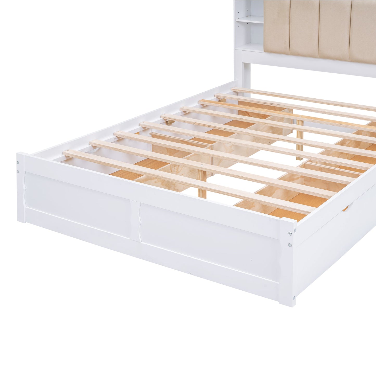 Wood Queen Size Platform Bed with Storage Headboard Shelves and 4 Drawers White