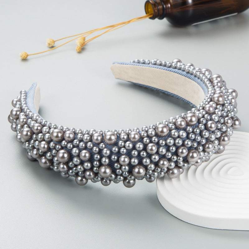 Hair Hoop Baroque Sponge Pearl Hair Accessories Women's Handmade Beaded Multicolor European and American Broad-brimmed Headband