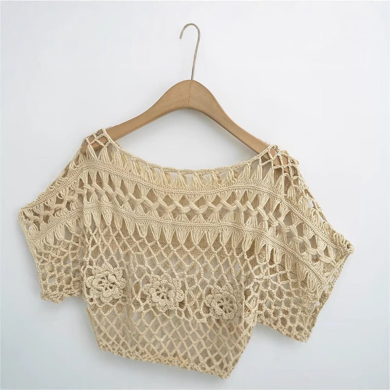 Fashionable and Sexy Style Women's Round Neck Crochet Top with Loose Fit