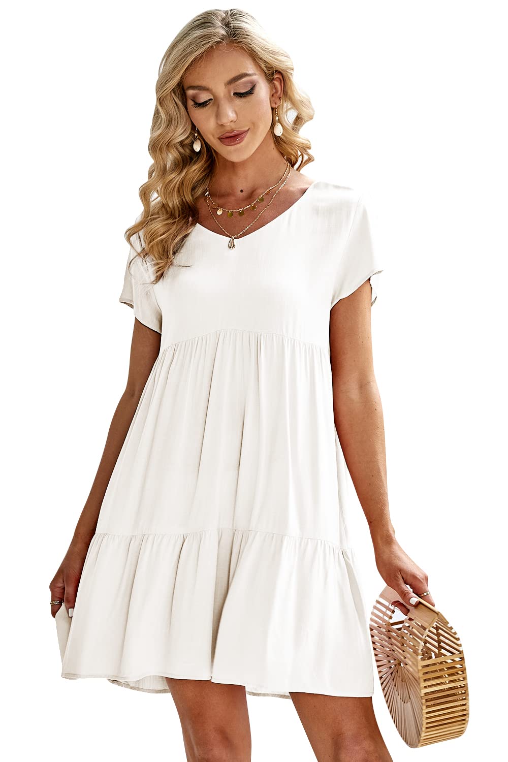 Fangetey Women's V-Neck Button Down Tunic Dress Short Sleeve White Size S