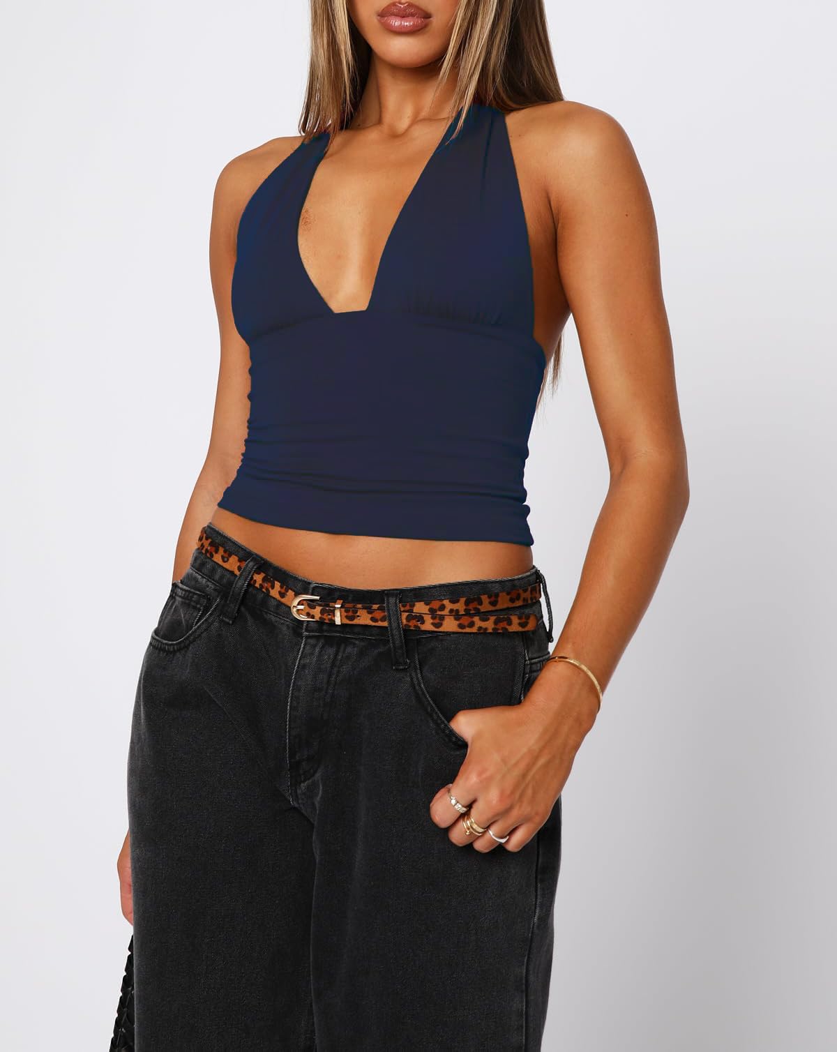 TiulZial Womens Backless Halter Crop Tank Top Navy Blue Size M
