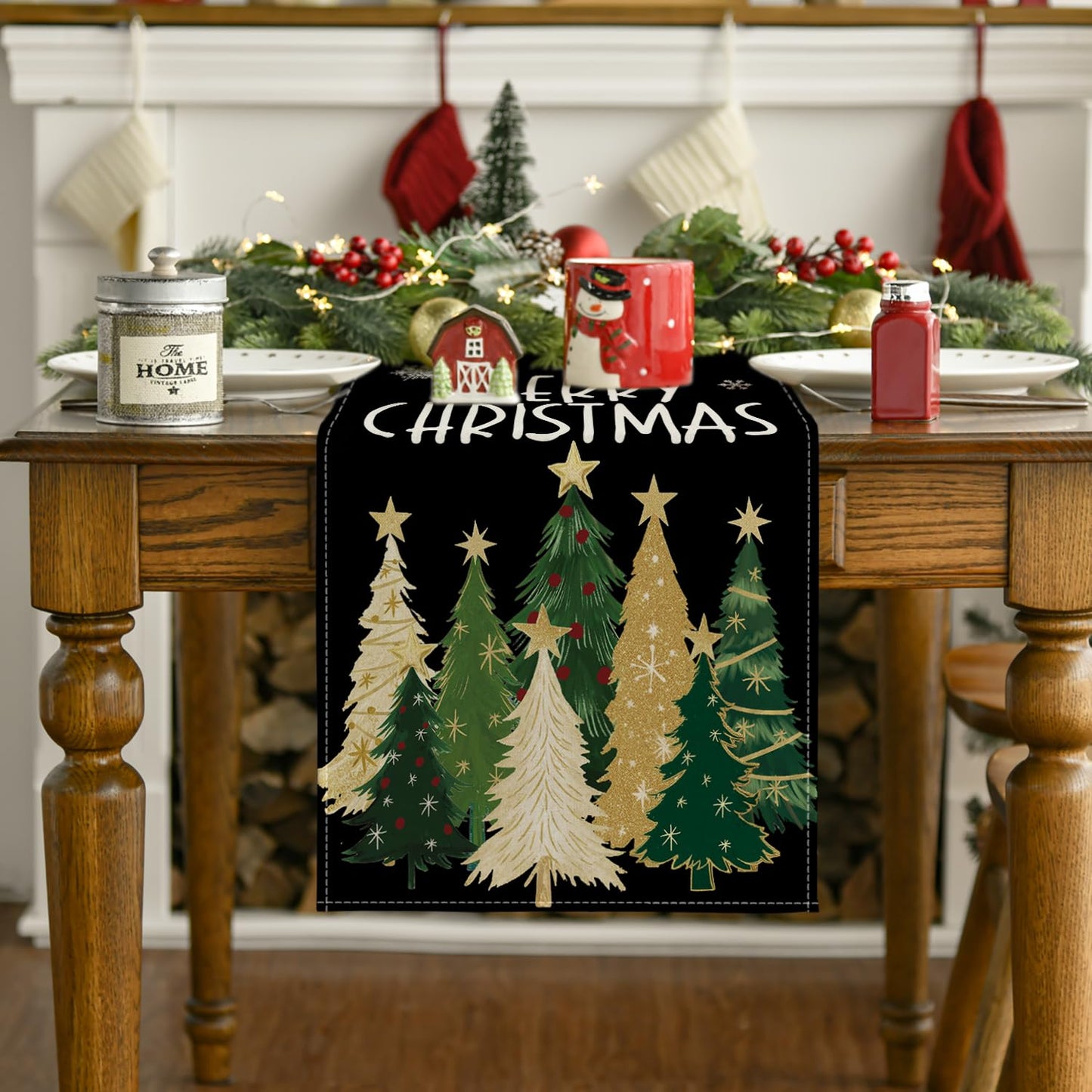 Artoid Mode Xmas Trees Snowflakes Table Runner Black 13x36 Inch