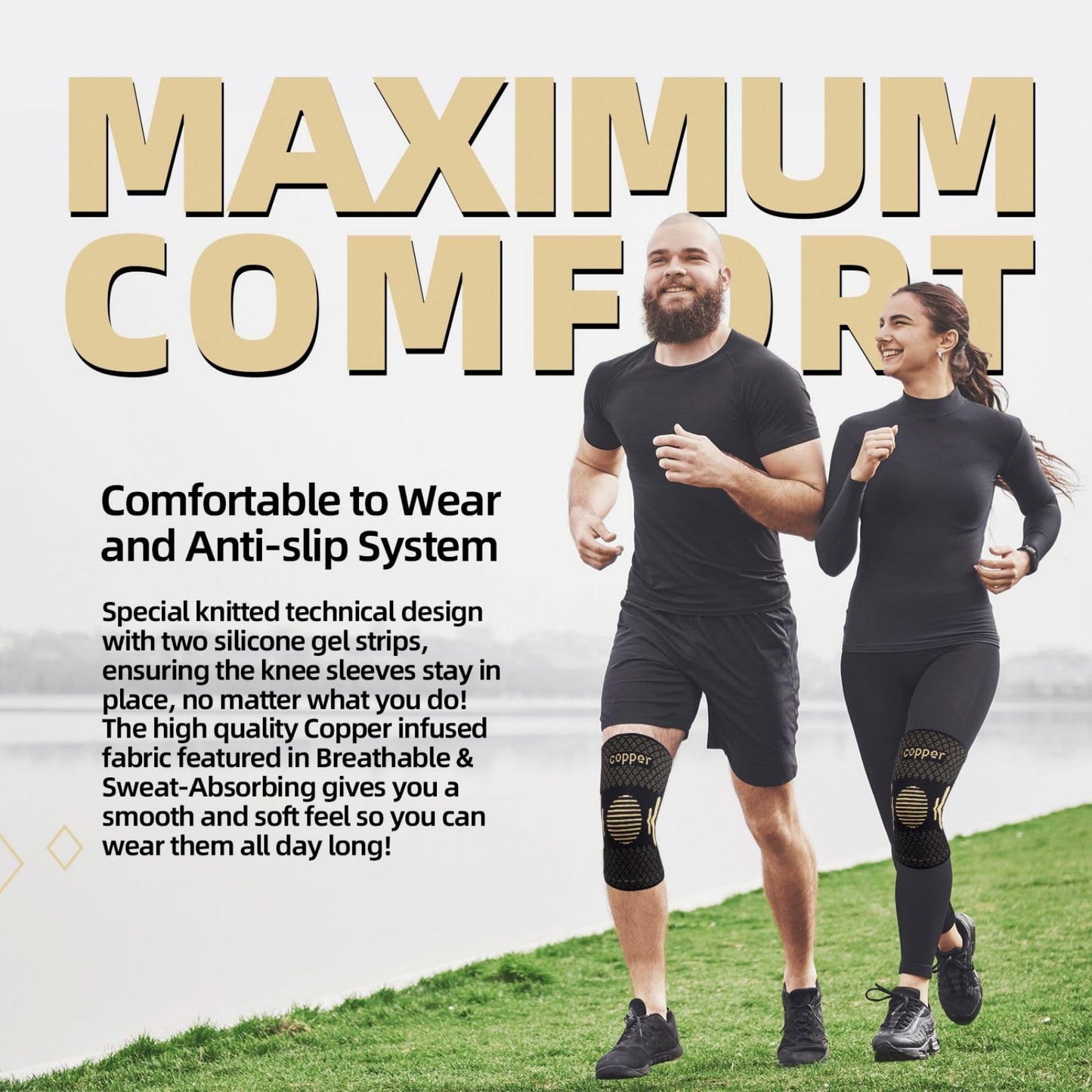 Lusenone Copper Knee Brace Compression Sleeve 2 Pack Black Size L