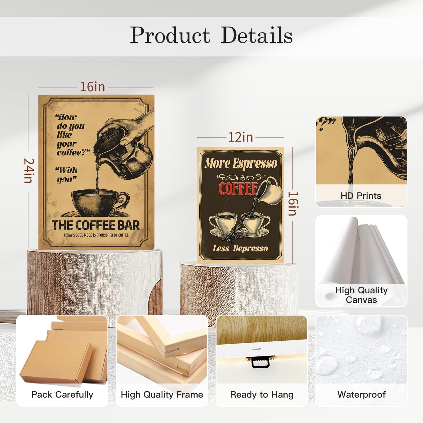 HTTART Vintage Coffee Canvas Wall Art 12x16 Set of 2 Retro Brown