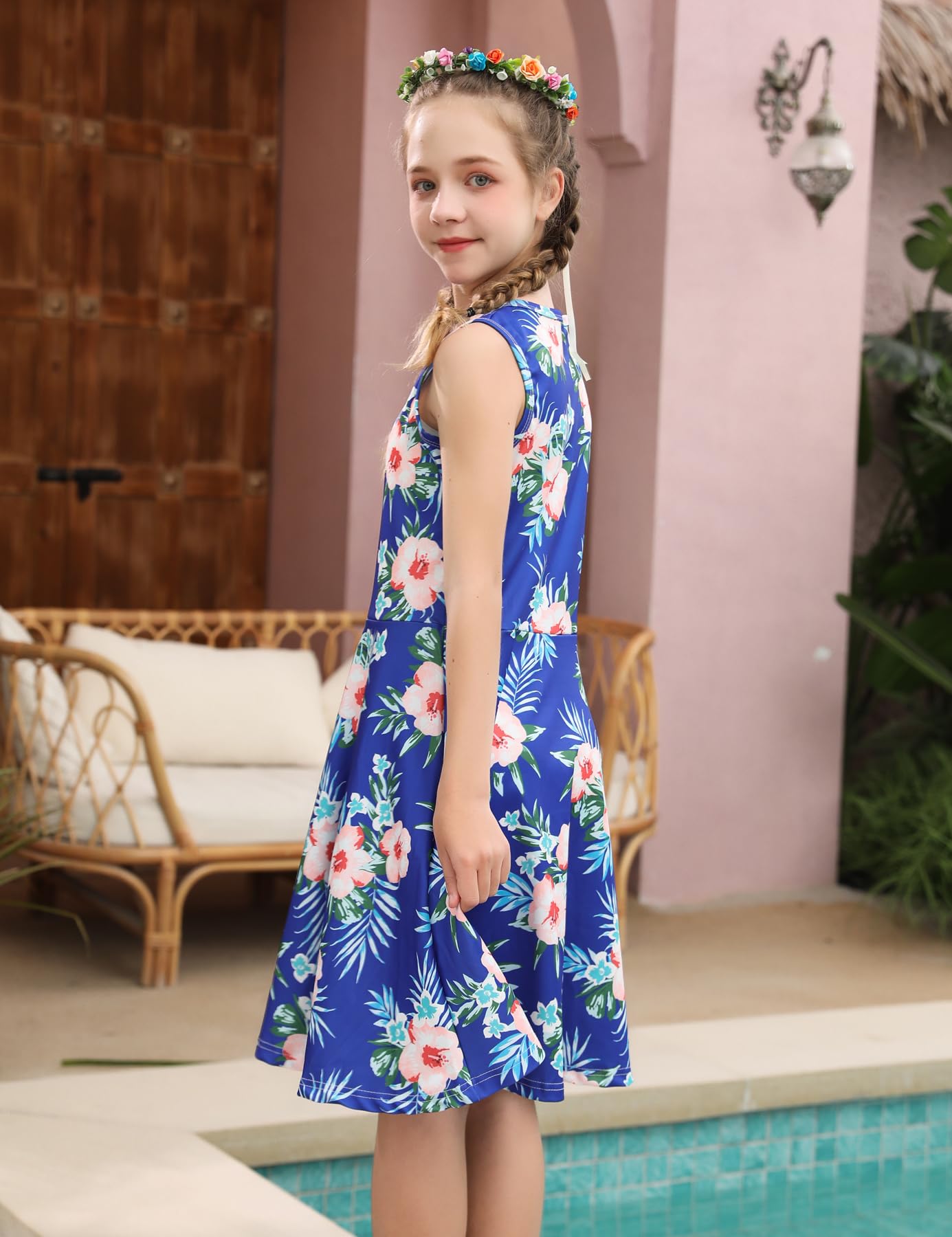 Ahegao Hawaiian Flower Girls Dress Lace 3D Flower Blue Pink Green Size 10