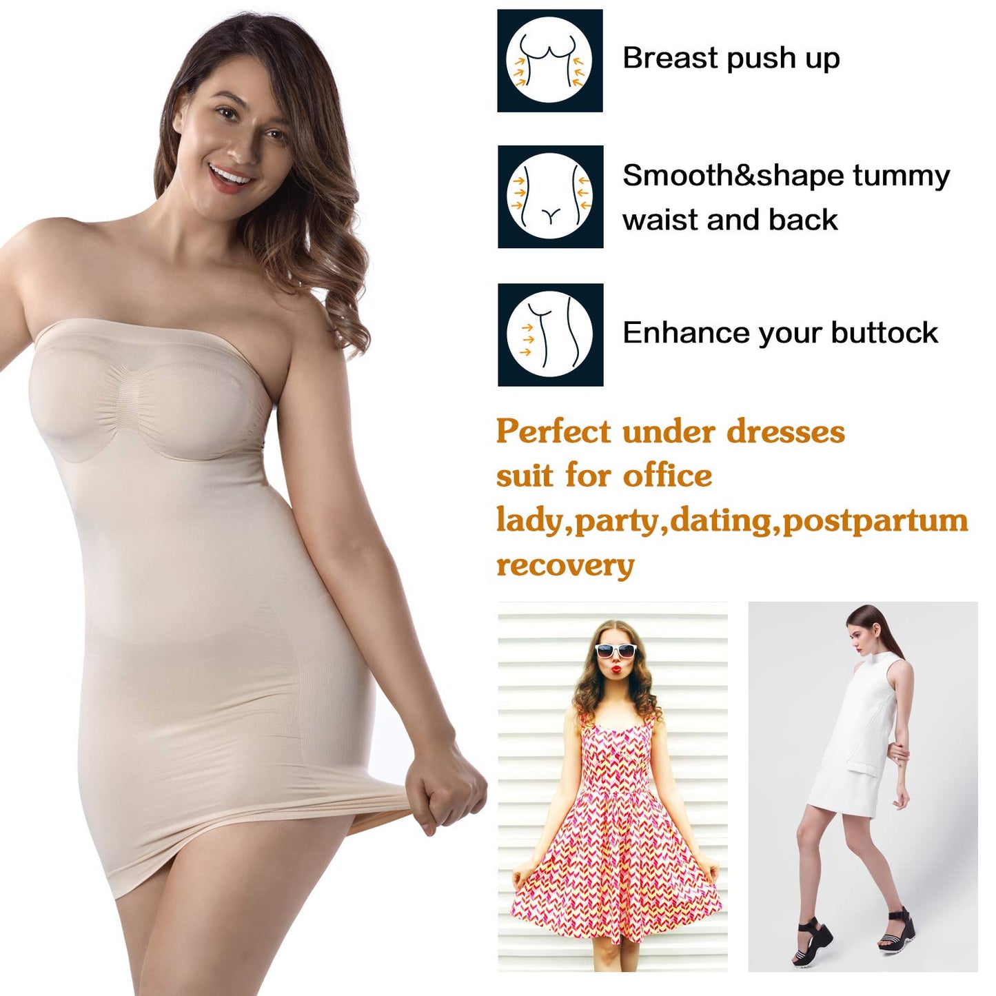 MD Women's Strapless Full Body Slip Shaper Seamless Nude Size Large