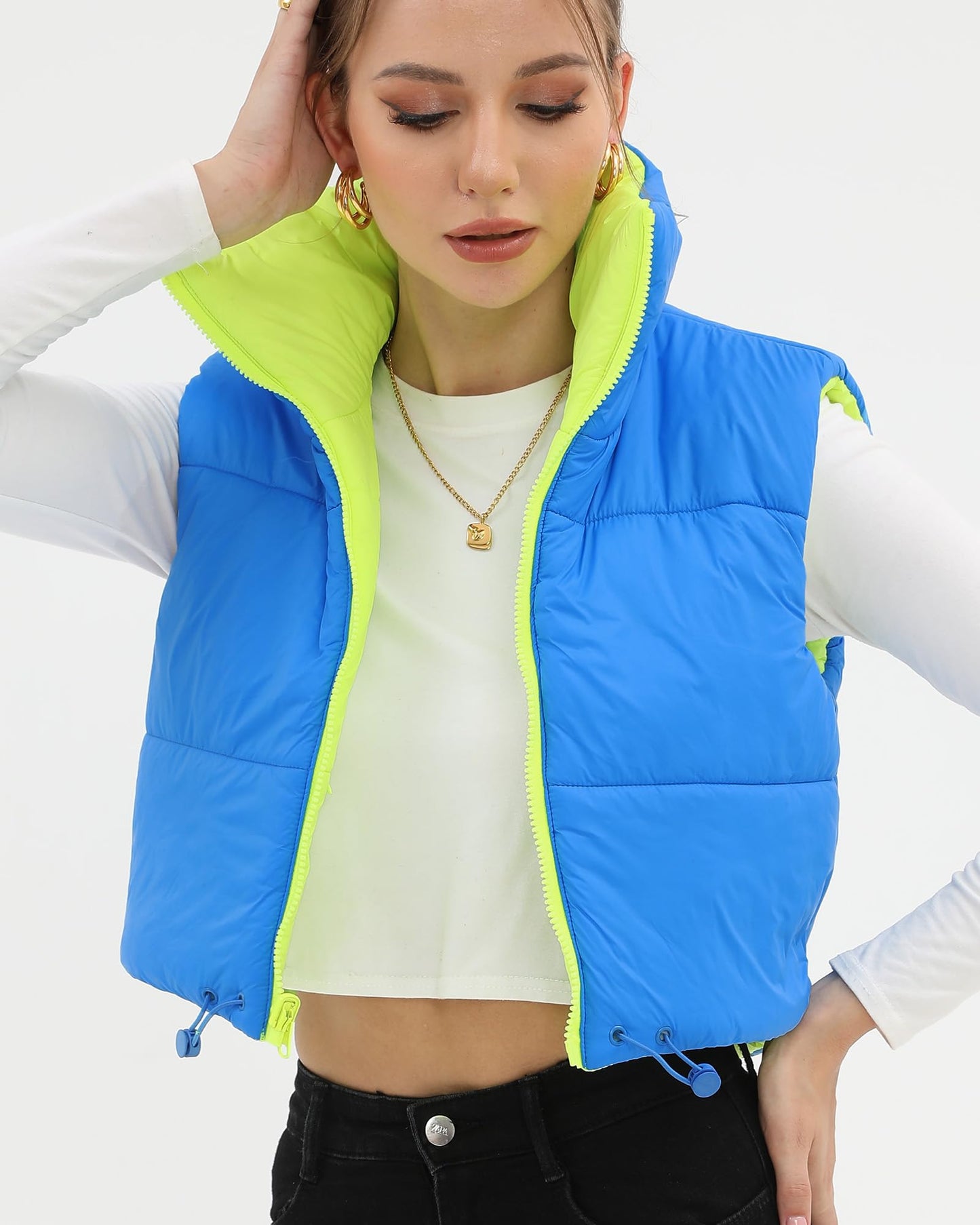 Xeoxarel Women's Reversible Puffer Cropped Vest Full Zip Sleeveless Green Blue M