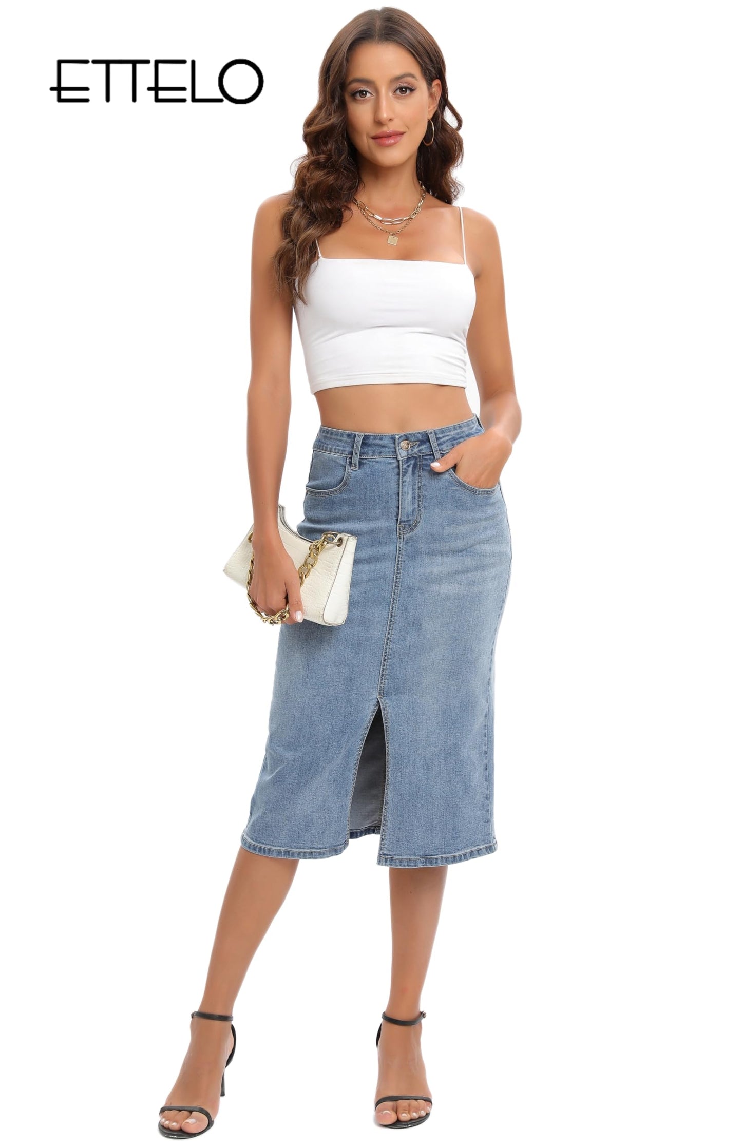 ETTELO Midi Denim Skirt High Waisted Slit Casual Stretch Deep Blue Size XX-Large