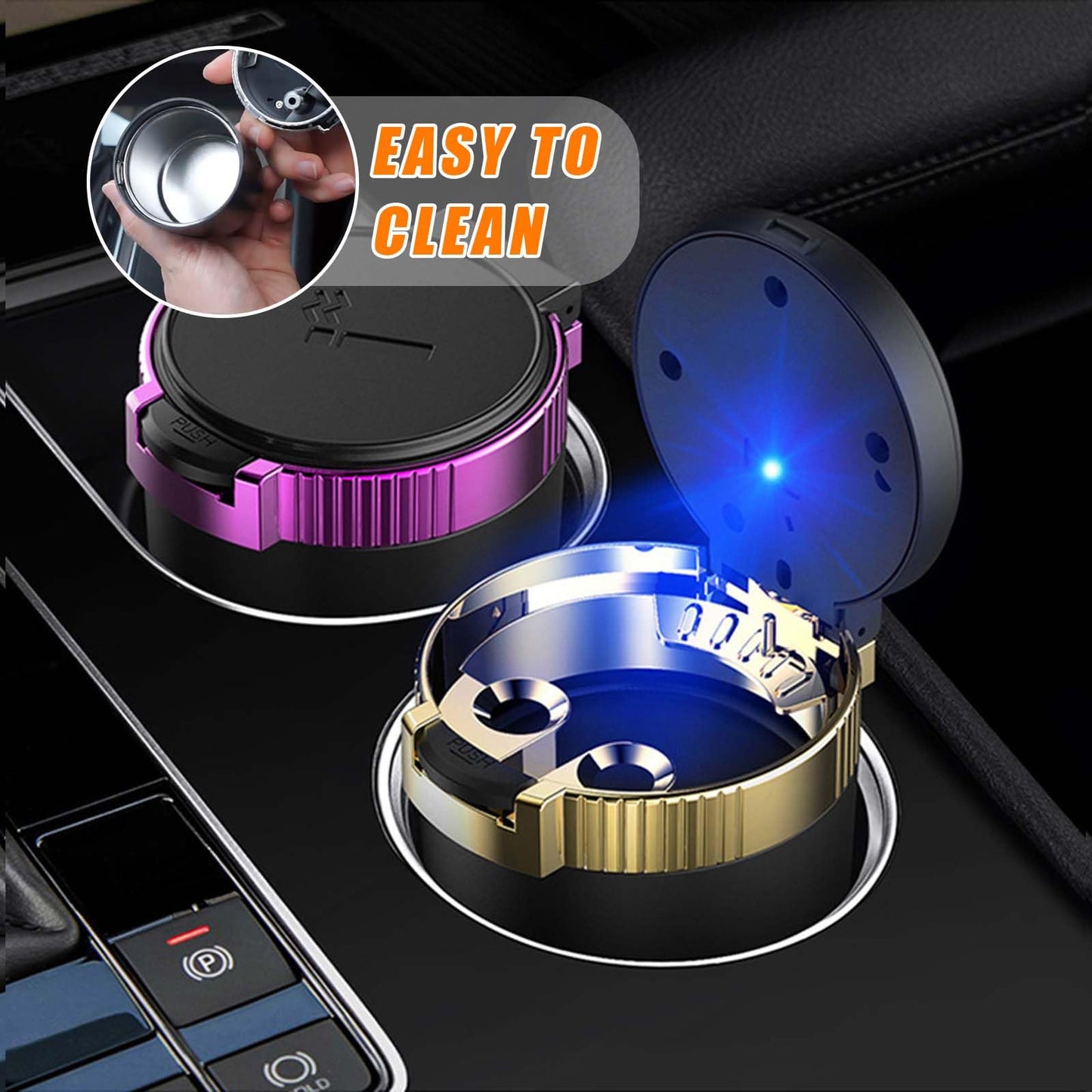 Kewucn Car Ashtray with Lid Portable Stainless Steel LED Blue Light Gold