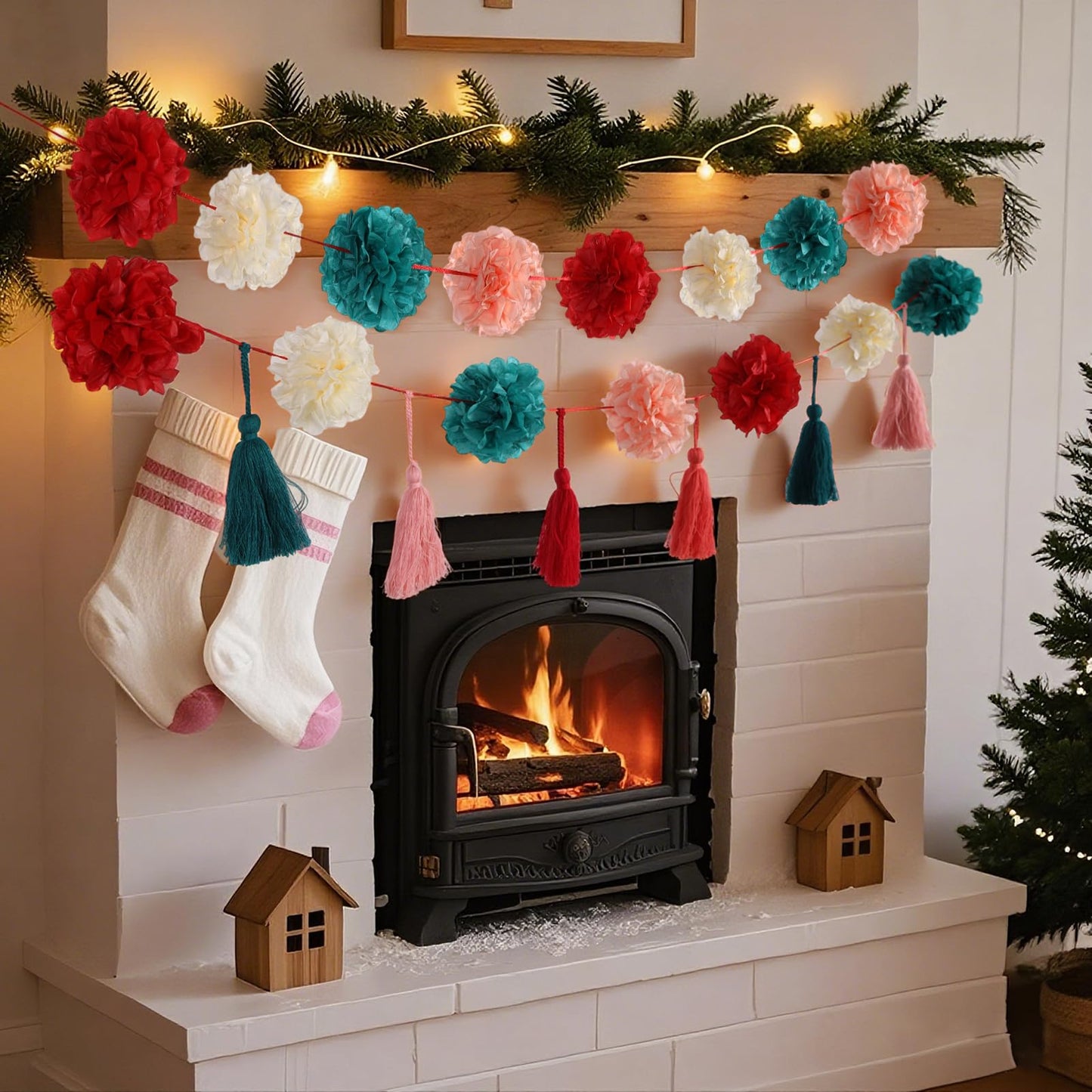 OBBOLO Tissue Paper Pompom Garland with Cotton Tassels 2 Pcs Red Green Pink