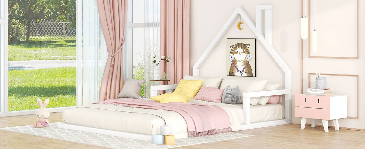 Full Size Wood Floor Bed with House-shaped Headboard White