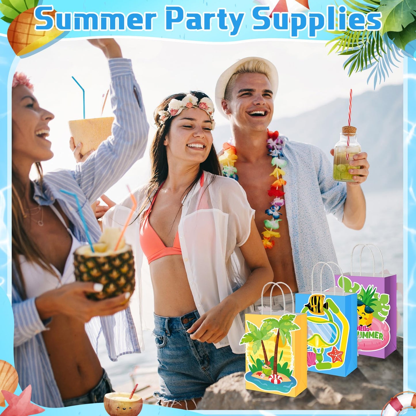 MotiMind 24 Pcs Hawaiian Luau Beach Party Paper Bags with Handles Multicolor
