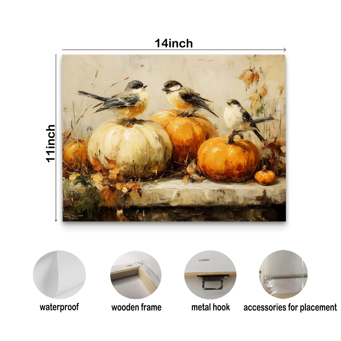 Pugwak Vintage Fall Pumpkin Bird Wall Art Canvas Print 11x14 Inch Landscape