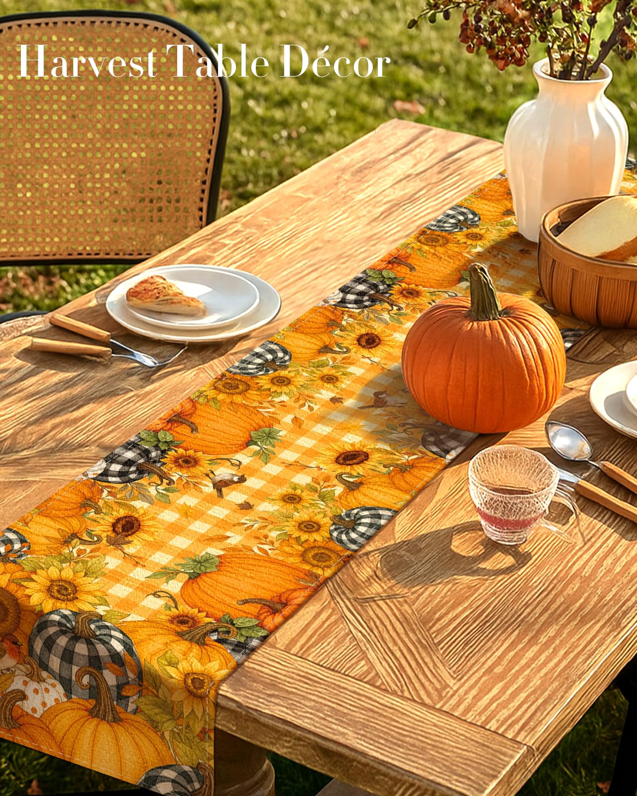 Miss Adola Pumpkin Plaid Fall Table Runner 13x72 Sunflower Decor