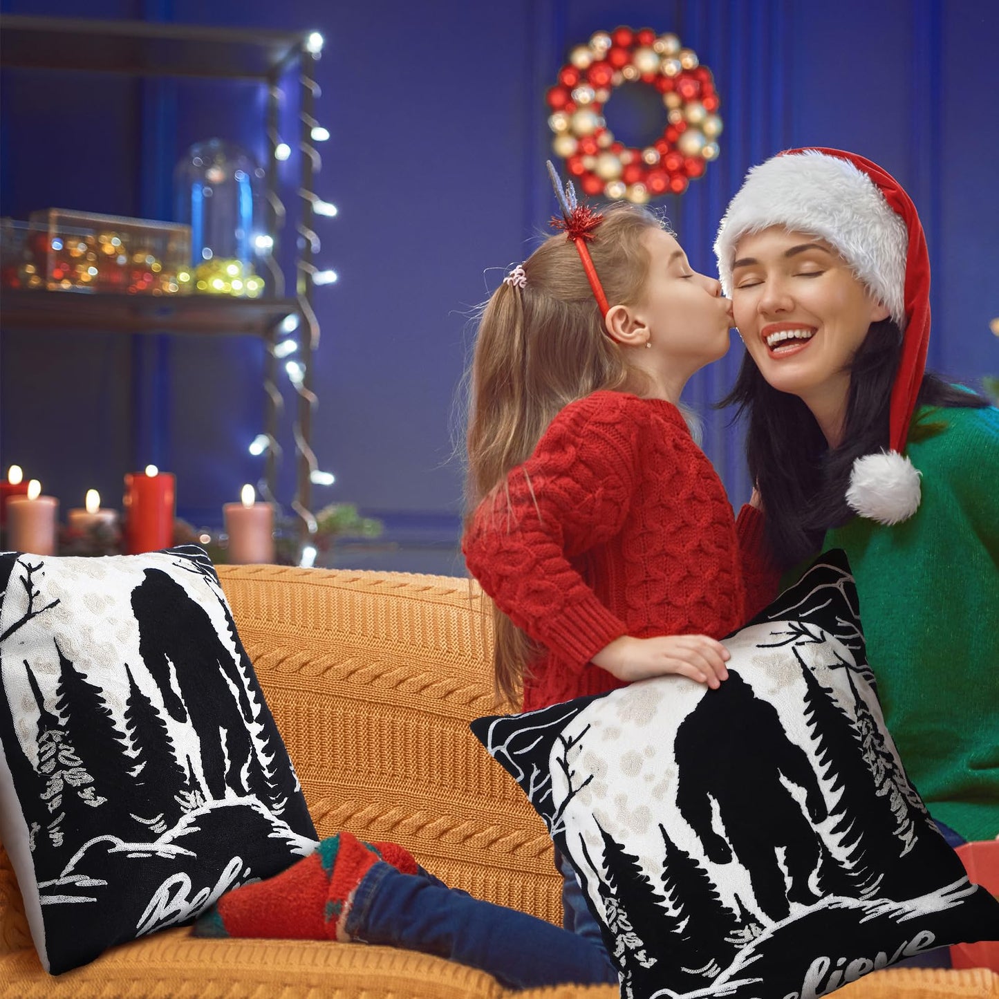 Burbell Bigfoot Christmas Pillow Covers Set of 2 Black 18x18