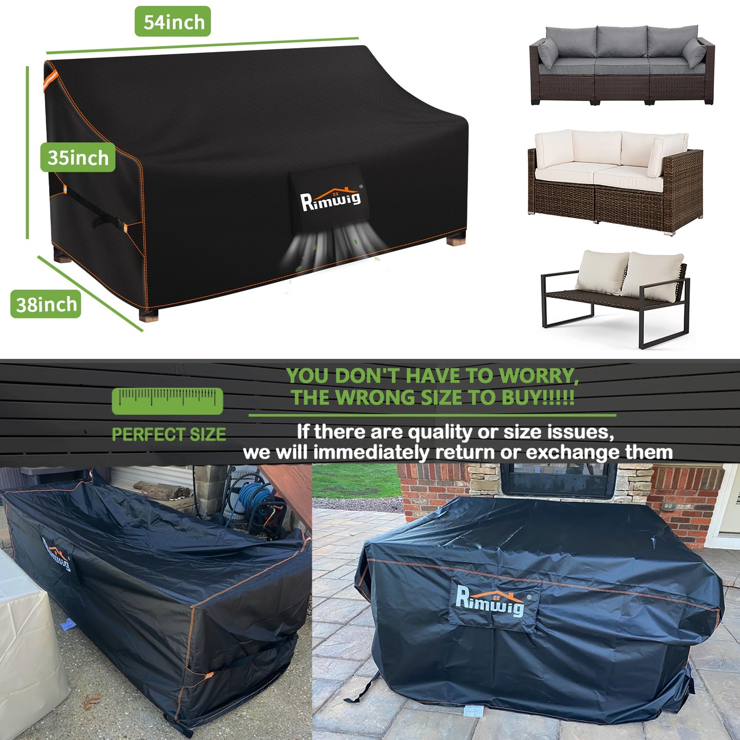 Rimwig Waterproof Outdoor Sofa Cover 89x89in V-Shape Black 420D Oxford Fabric