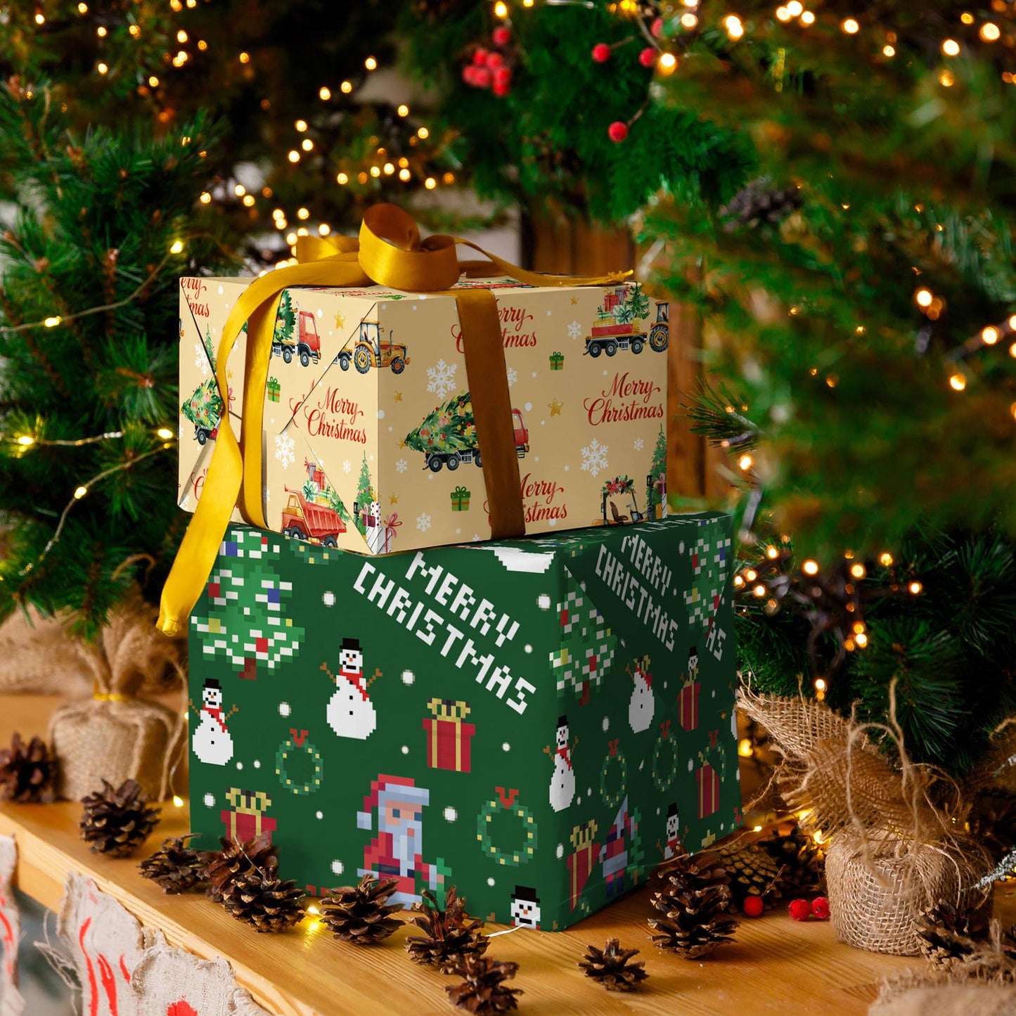 WRAPLULU Christmas Truck Wrapping Paper 4 Jumbo Sheets 28x40in Yellow