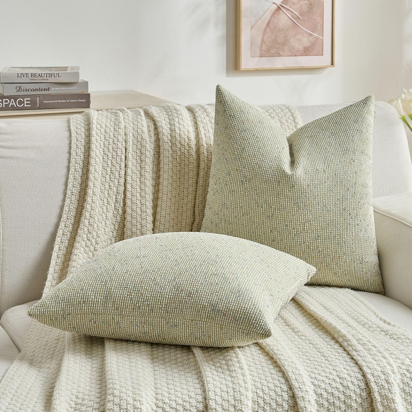 FUTEI Green Chenille Throw Pillow Covers 20x20 Inch Set of 2 Modern Decor