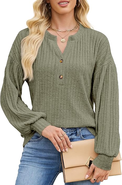 Edelqual Womens Long Sleeve Henley V Neck Sweater Top Green Size M