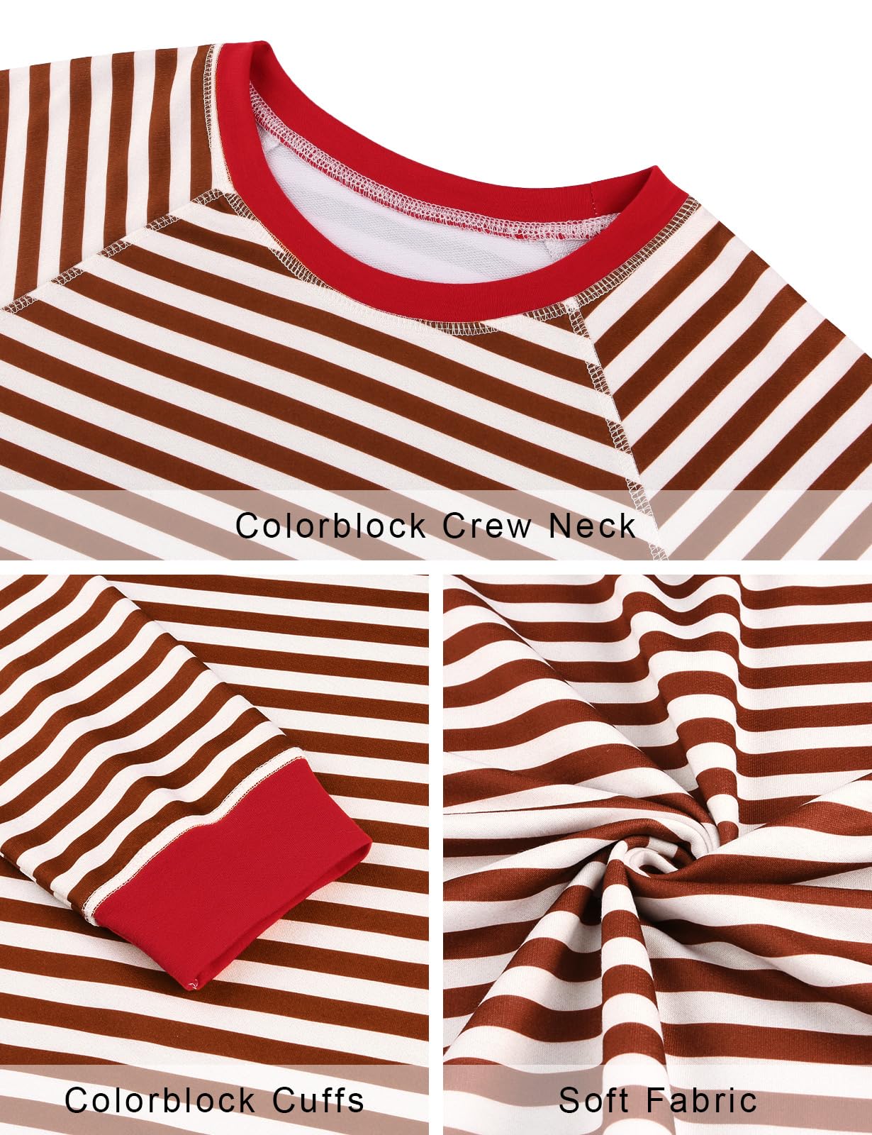 Misyula Style Plus Size Striped Crewneck Sweatshirt Red Brown Size XXL