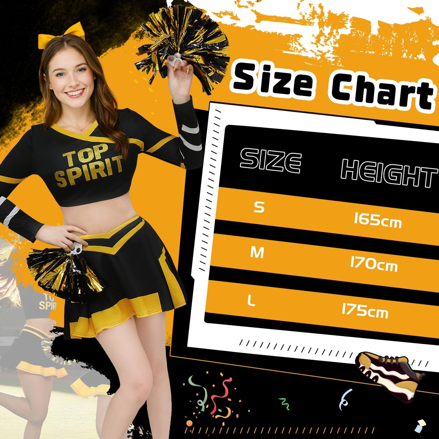 ROC PARTY Women Cheerleader Costume Yellow with Hairpins Pom Poms Size S