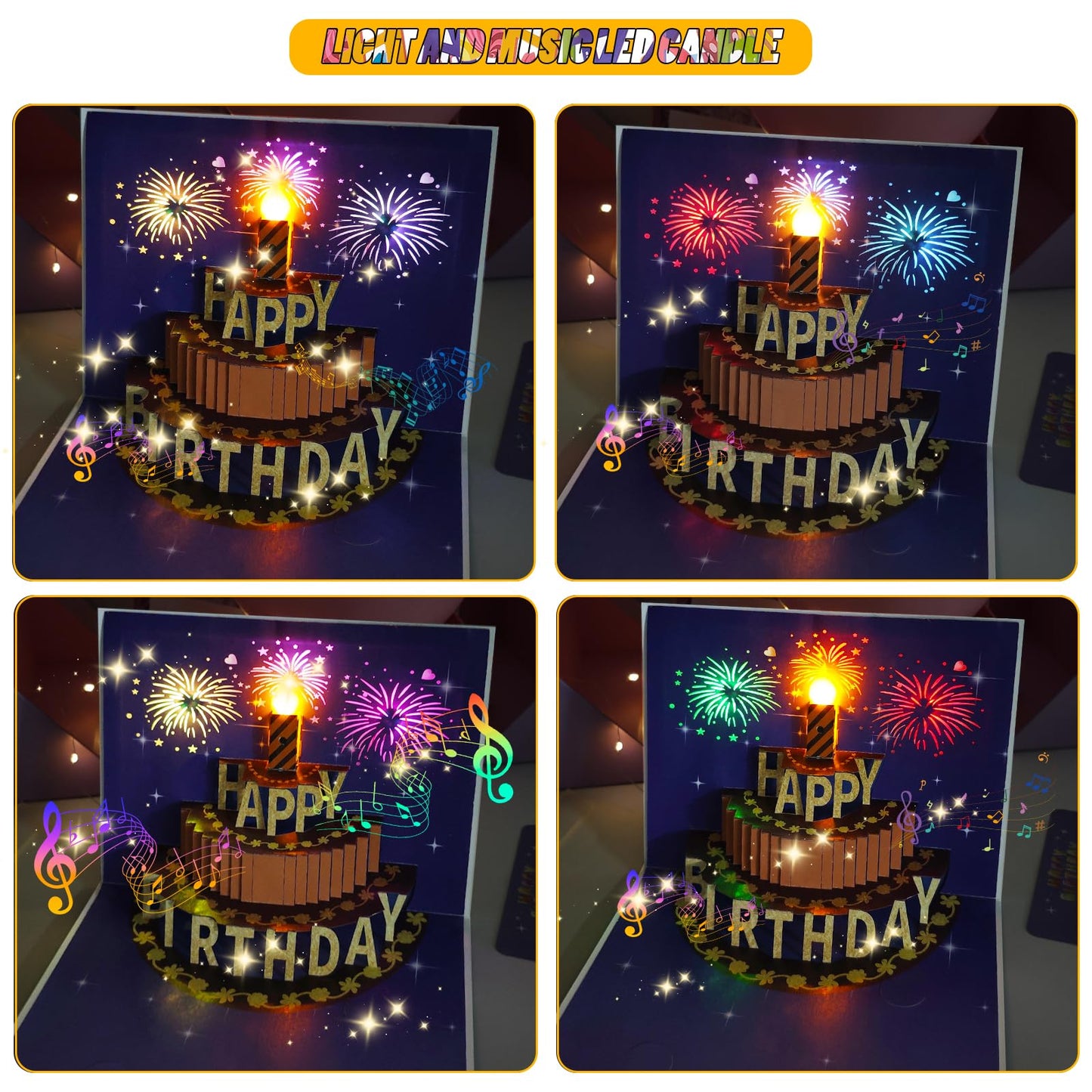 CANREVEL 3D Pop Up Fireworks Birthday Card LED Music Orange Cake Color