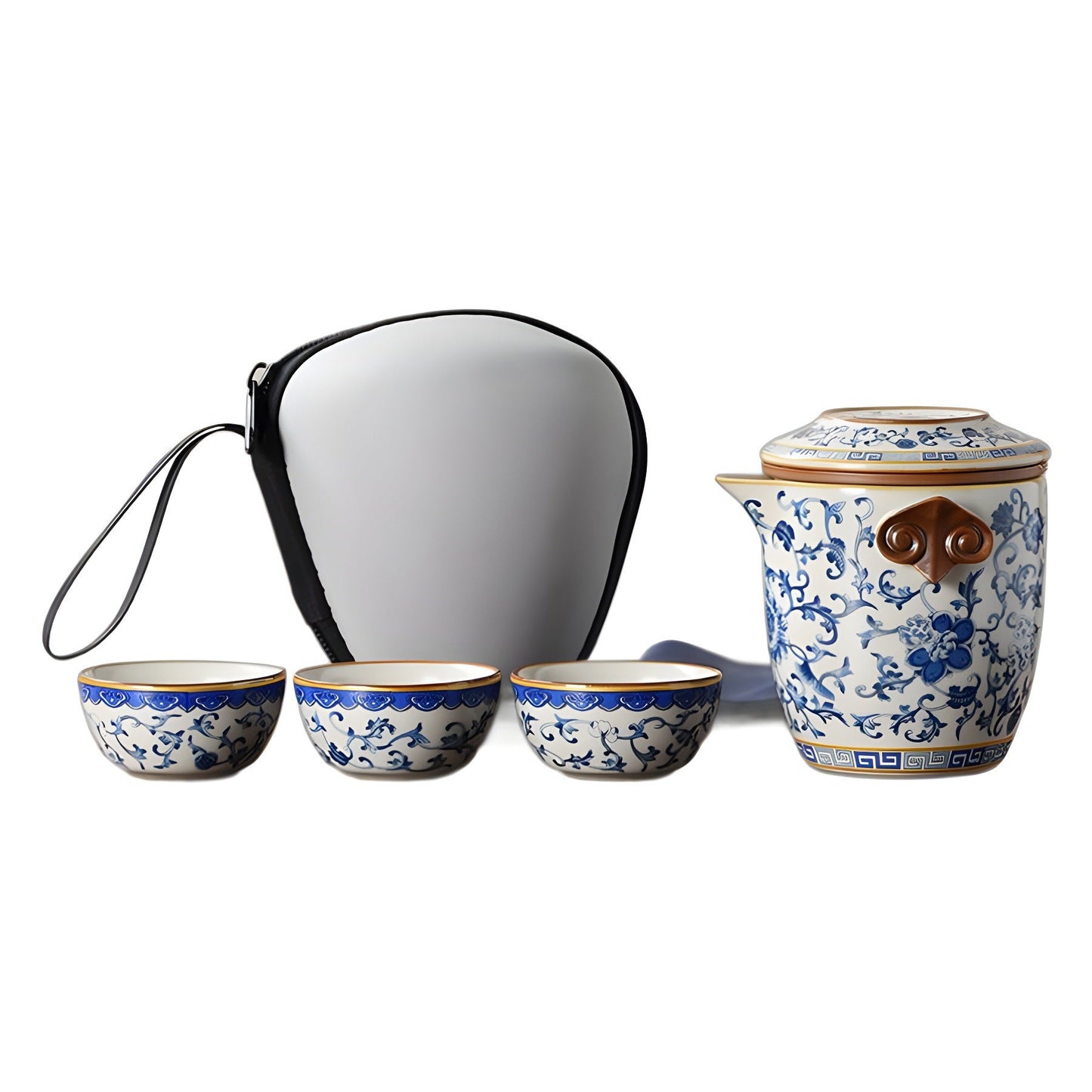 Blue and white beige Ru kiln travel tea set one pot three cups outdoor portable entwined lotus ceramic retro teapot