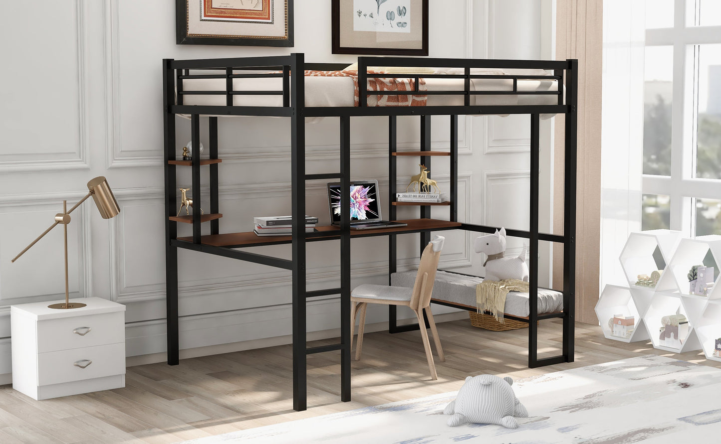 Full Size Loft Metal&MDF Bed with Long Desk and Shelves Black