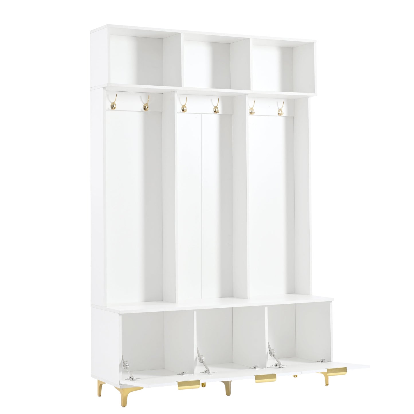 Large storage hall tree with bench, multifunctional storage platform, luxury clothes hanger equipped with 6 gold hooks