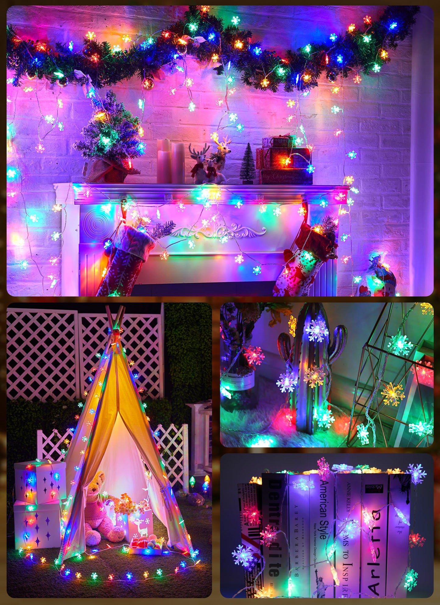 Minetom 4 Pack 30Ft 15 LED Multicolor Snowflake Holiday Lights Waterproof