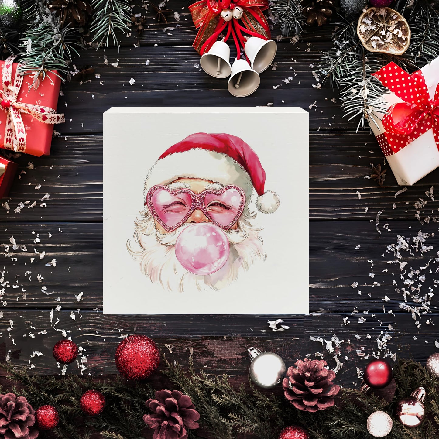XUNLURY Santa Wooden Box Sign Pink Christmas Decor 5x5 Inch