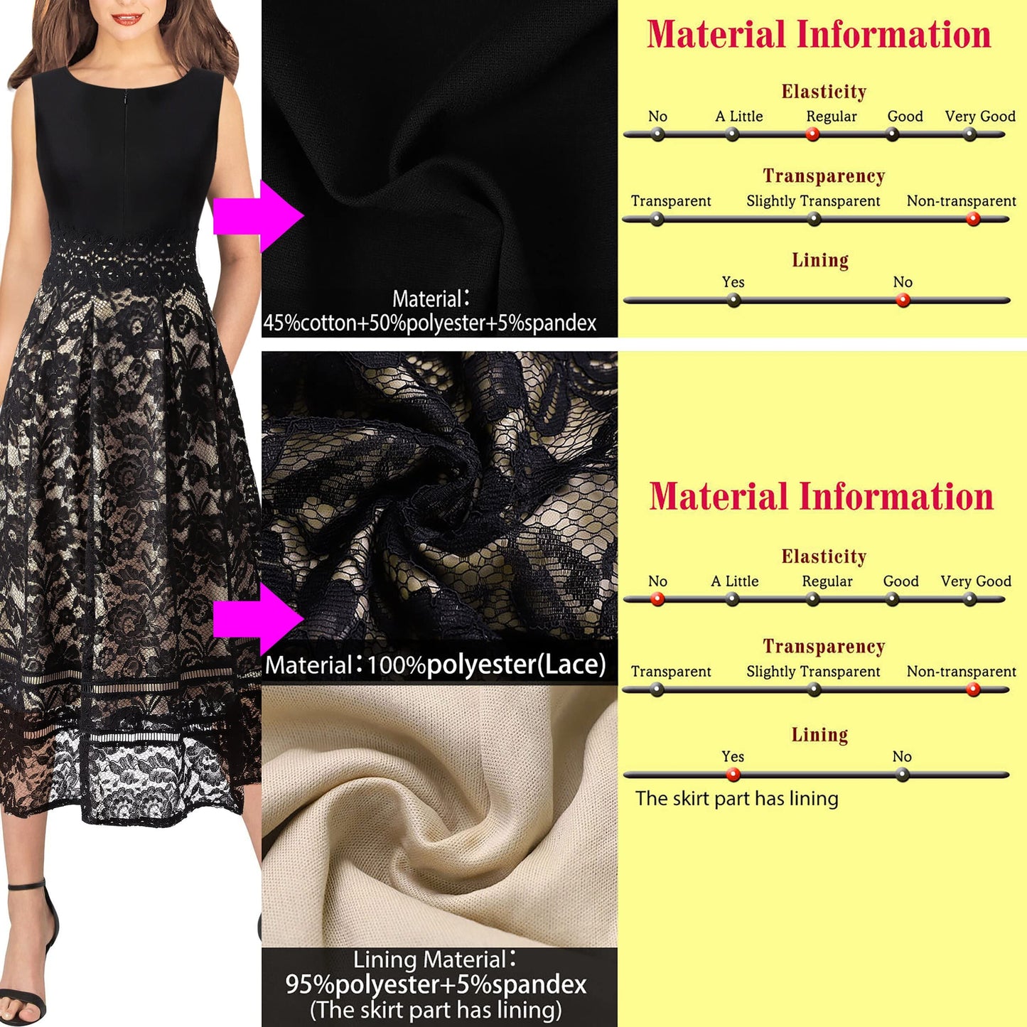VFSHOW Womens Black Lace Tie Waist Front Zipper Slim A-Line Dress Size L
