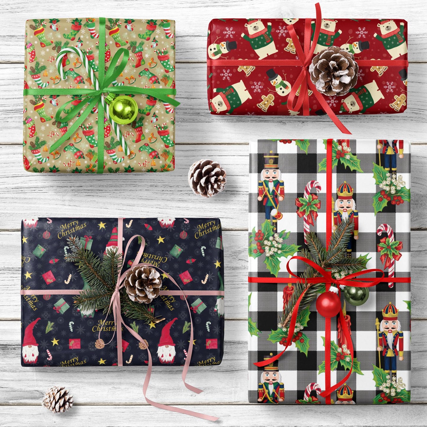 GIOLNIAY Gnome Christmas Wrapping Paper Navy Blue 4 Jumbo Sheets 28x40
