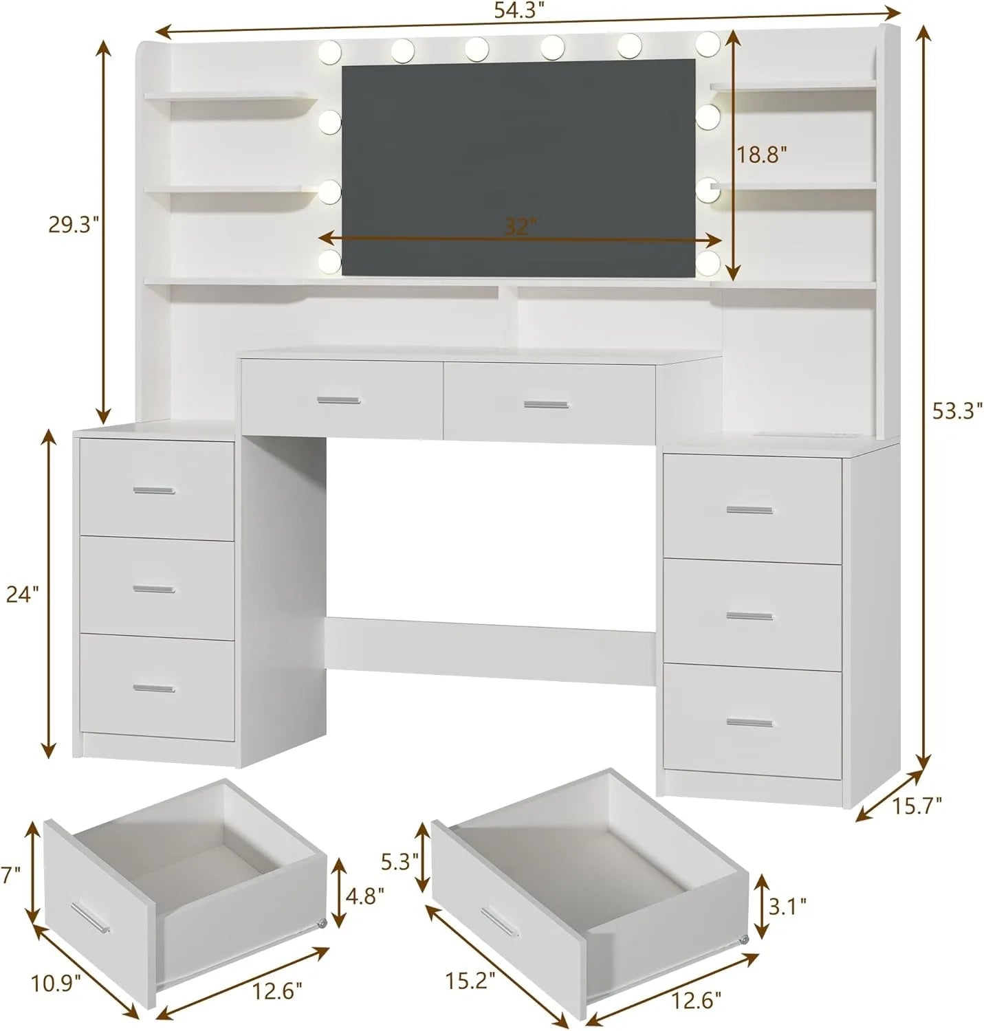 Large Vanity Desk with Mirror, White Makeup Vanity with 8 Drawers & 6 Storage Shelves, Vanity Set