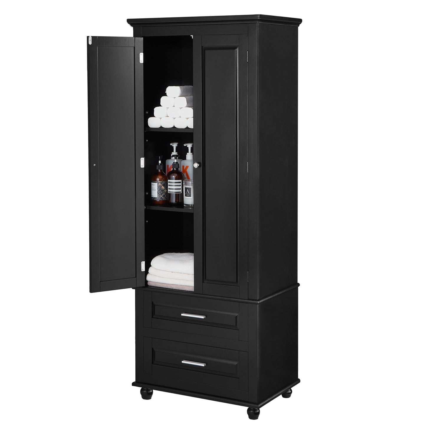Tall Storage Cabinet with Two Drawers for Bathroom/Office, Black
