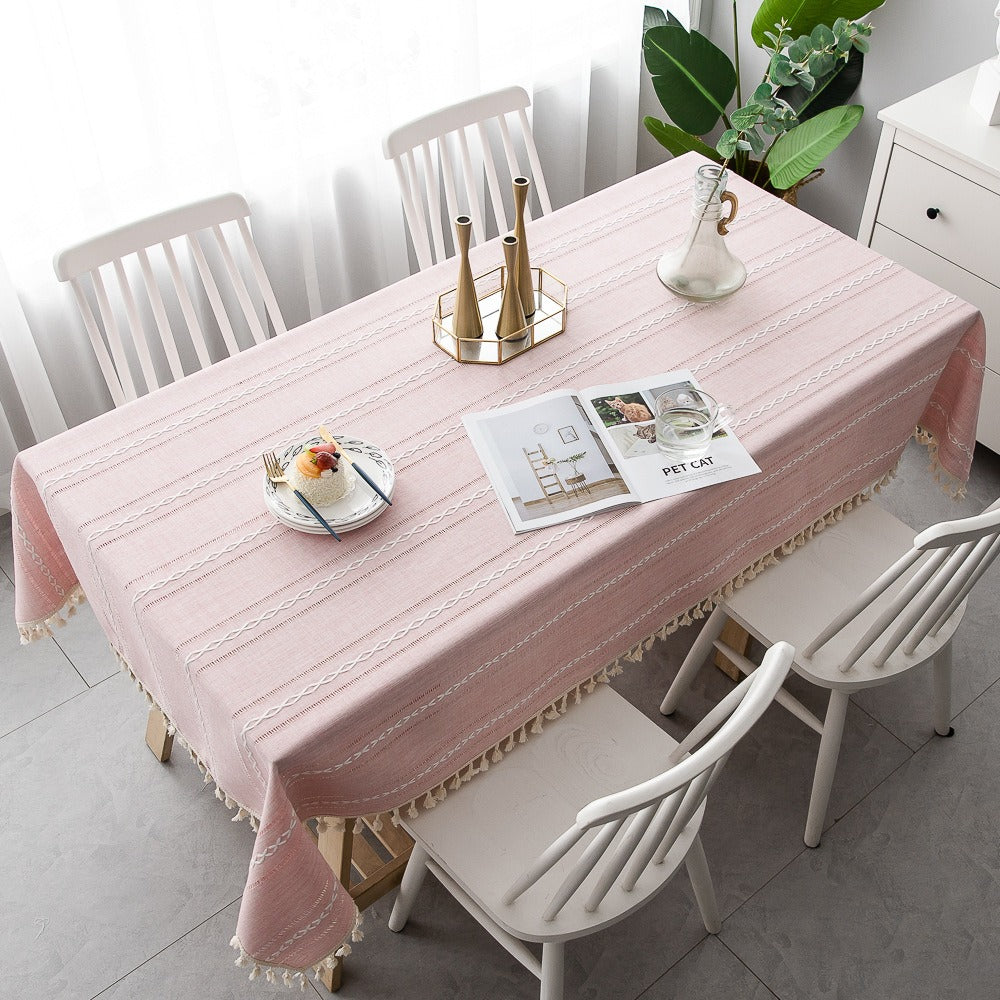 Nordic Christmas Table Cloth Hollow Tassel Table Cloth Solid Color Long Stripe Jacquard Table Cloth Tea Table Mat Cotton Linen