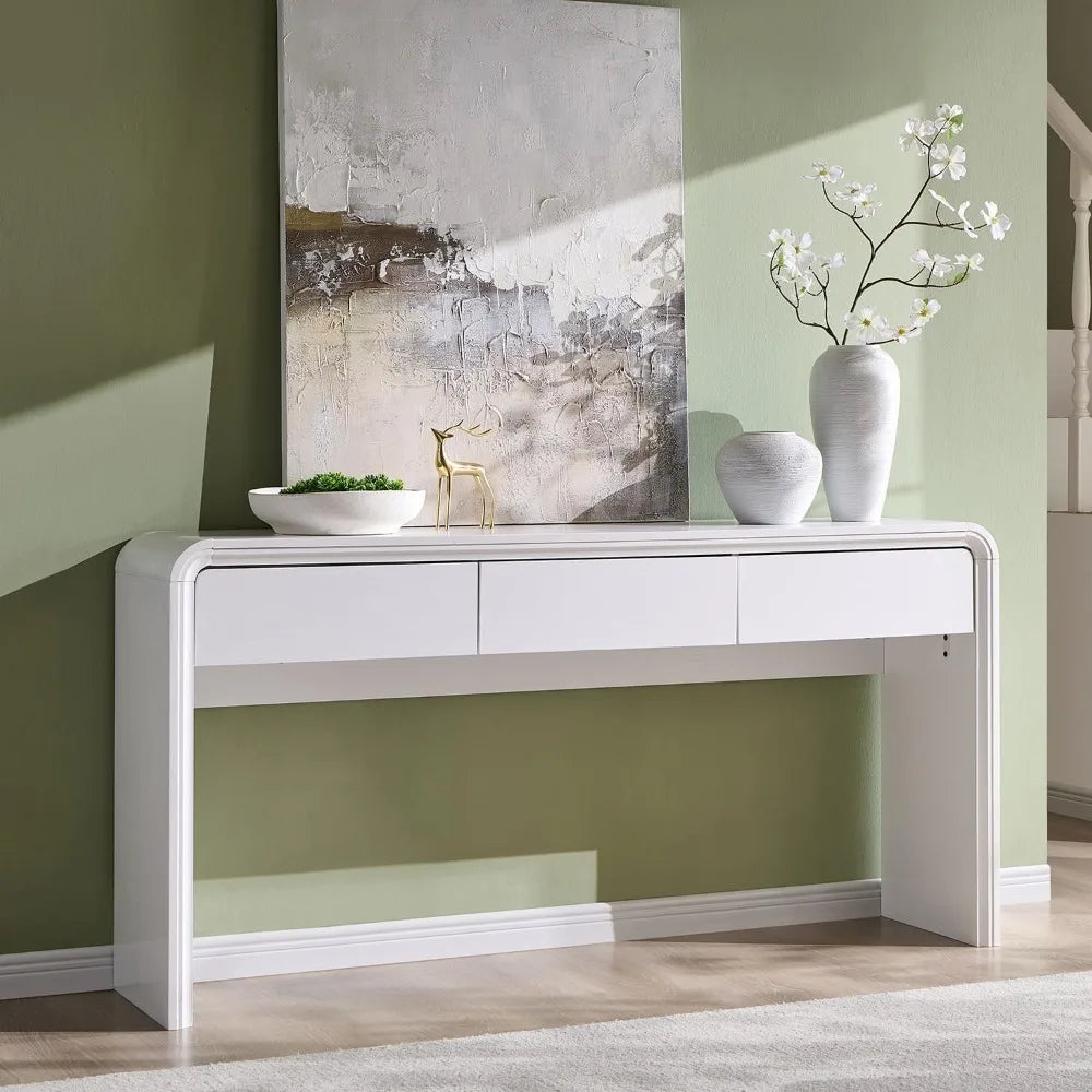 63'' Console Table with 3 Drawers, Modern Entryway Table with Curved Profile Design, Narrow Long Wood Sofa Table