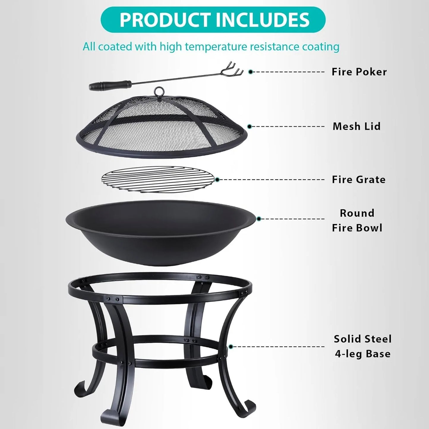 22Inches Fire Pit Outdoor Steel Wood Burning BBQ Grill Firepit Bowl Fireplace with Mesh Screen & Fire Poker, Log Grate