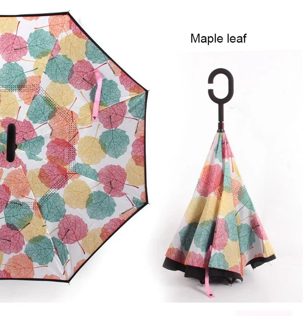 C Handle Windproof Reverse Folding Umbrella Man Women Sun Rain Car Inverted Umbrellas